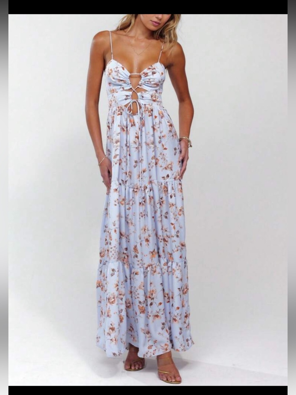 SHEIN Pale Blue Floral Maxi with Front Lace-Up